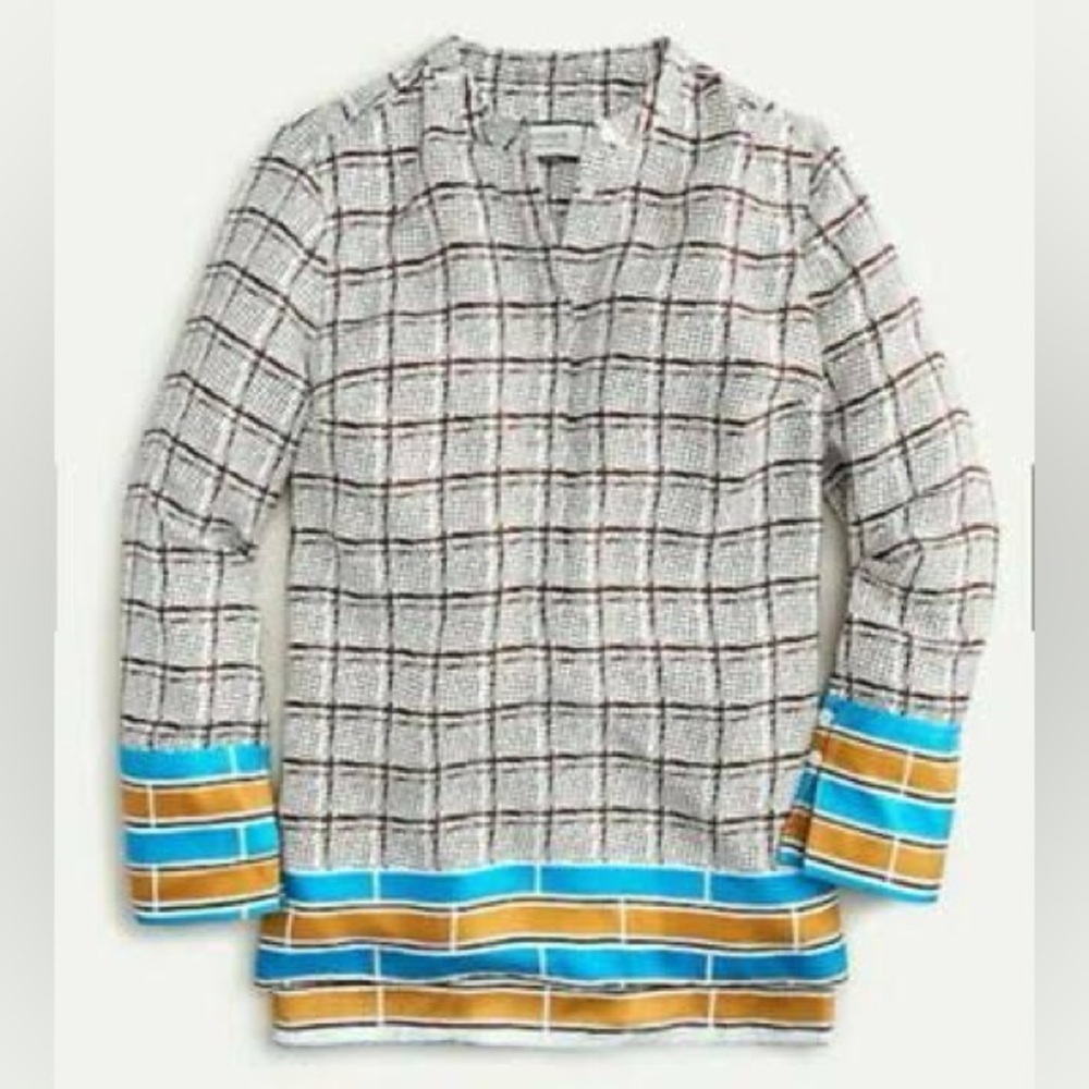 J.Crew Silk-twill tunic in speckled plaid-AN412-IVORY BROWN BLUE